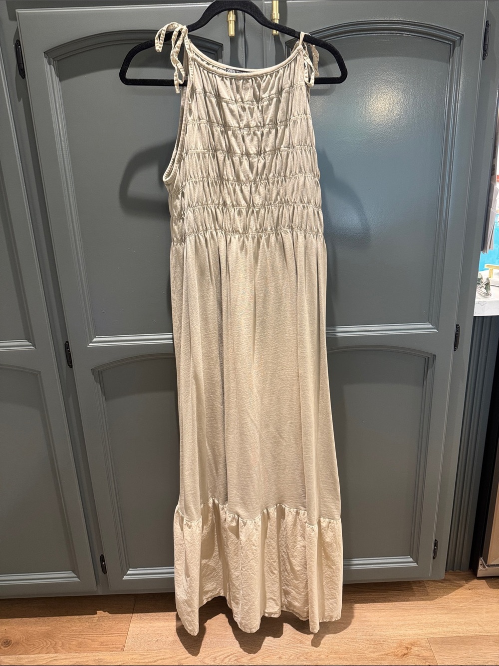 Light Cream/ Khaki. Smocked Maxi Dress with Tie Straps